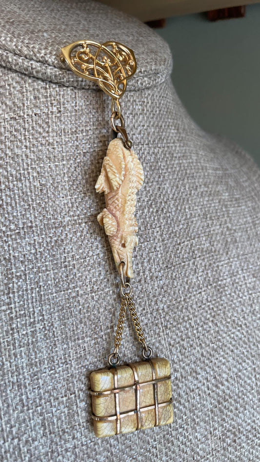 Antique Trio of Victorian Alligator Watch Fob, Suitcase and Edwardian Pocket Watch Brooch