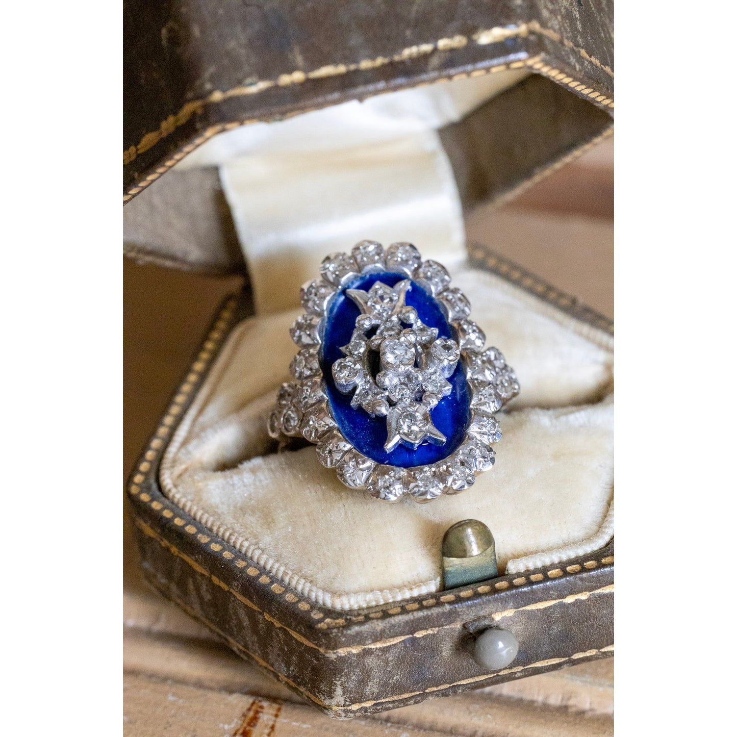 A Georgian Revival 18K English Blue Enamel and Natural Diamond Ring