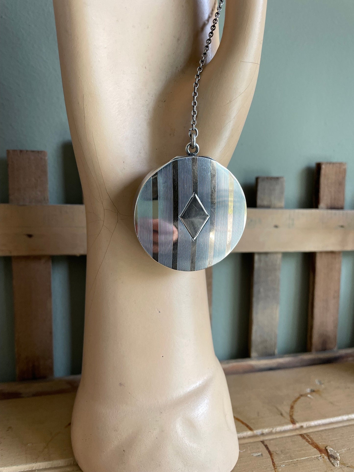 Antique Sterling & 14K Rose Gold Compact - Engine Turned Design