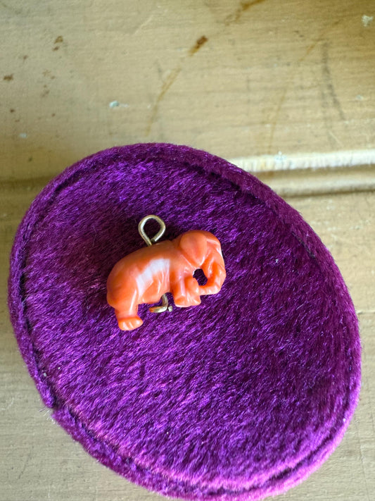 Antique 10K Yellow Gold Mini Hand Carved Coral Elephant Charm / Pendant