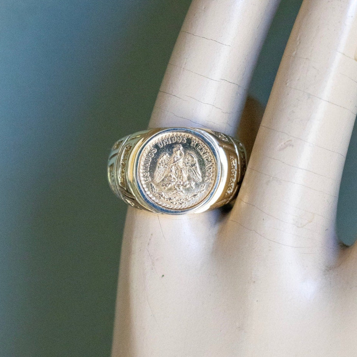 A Gold 1945 Mexican Dos Pesos Coin Set in 14K Yellow Gold Ring
