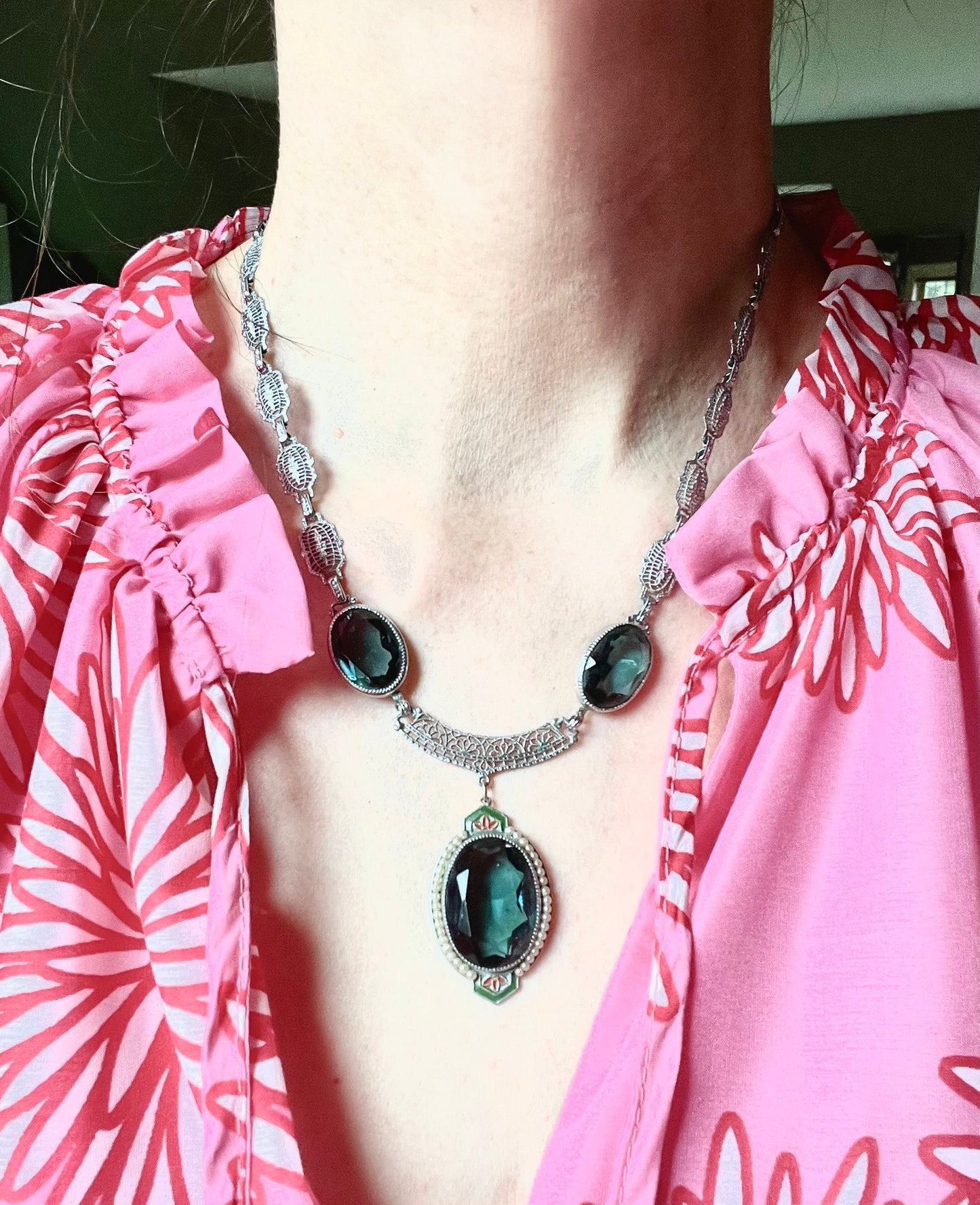 1930s Art Deco Necklace: Rhodium Plated Tourmaline Glass & Enamel