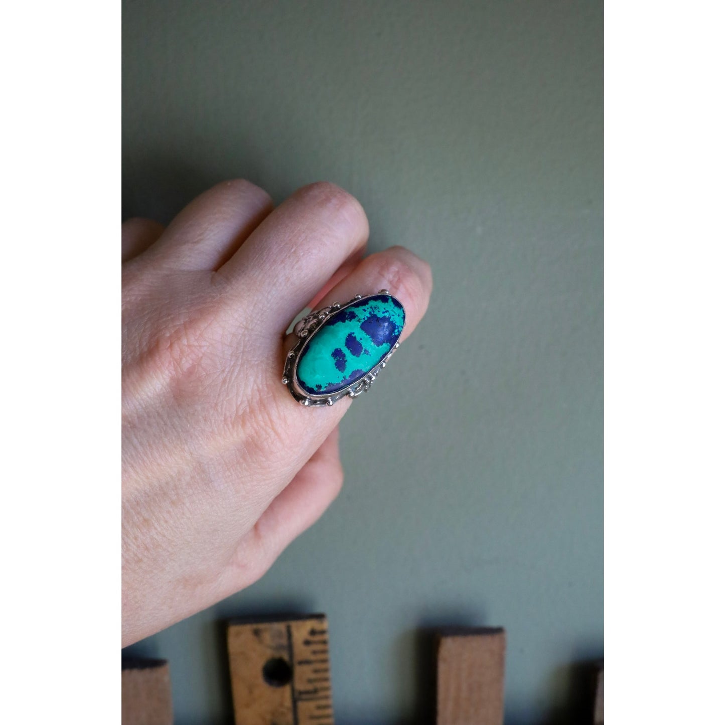 Vintage Sterling Silver Azurite Malachite Statement Ring in an Arts & Crafts Style