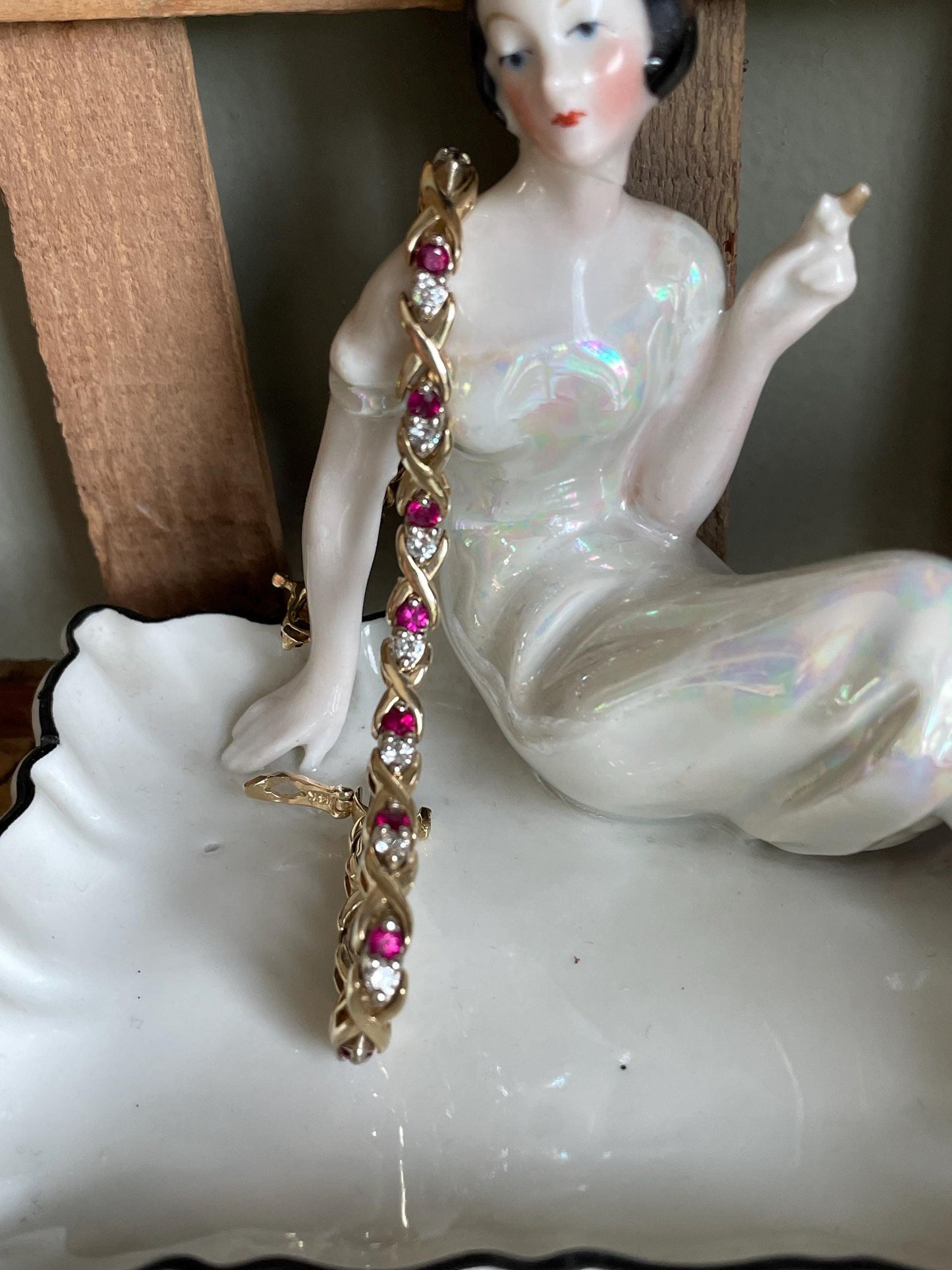 Solid 14K Yellow and White Gold Vintage Ruby and Diamond Link Bracelet