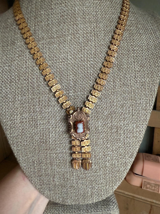 Victorian 1880's Gold Filled Book Chain Cameo Necklace