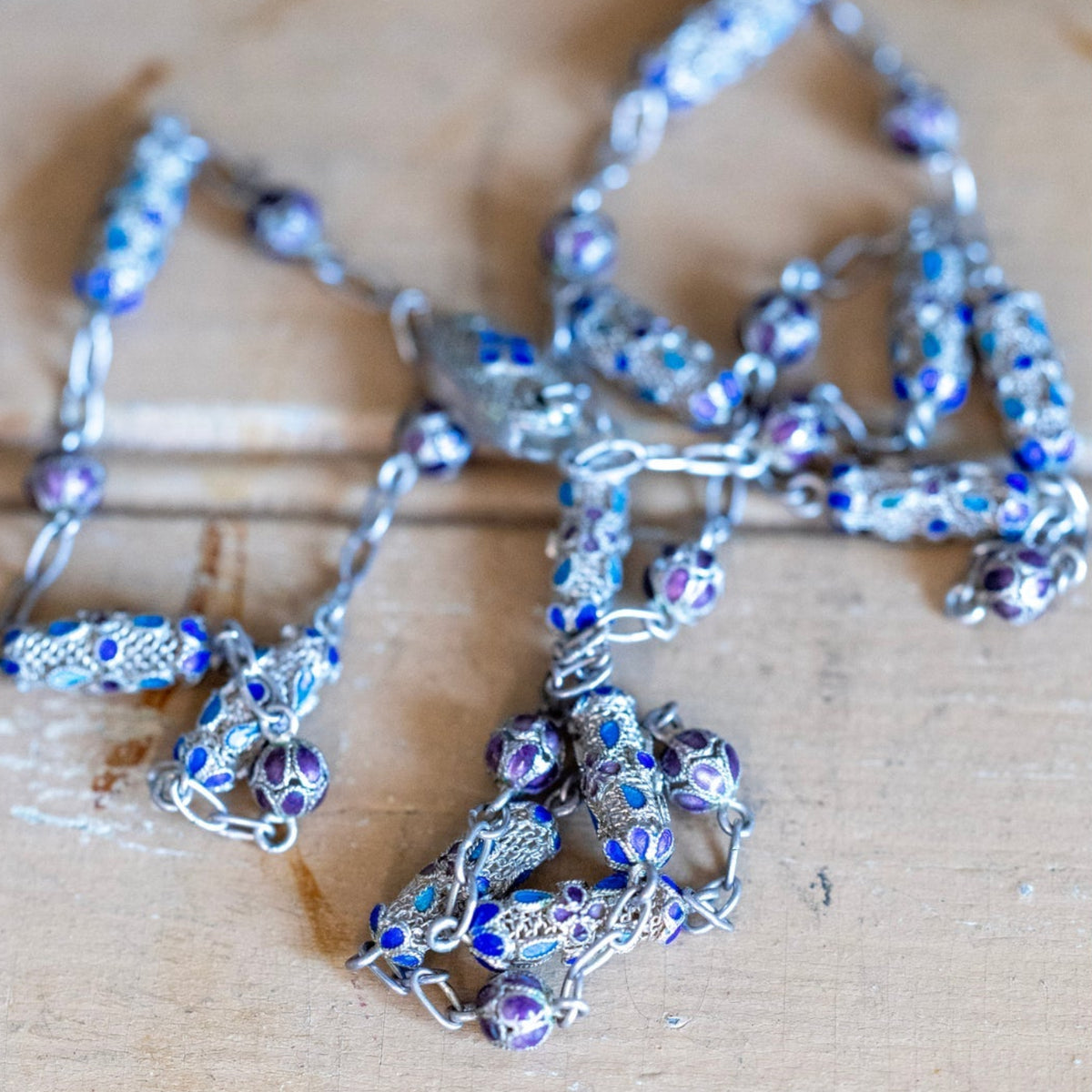 Antique Silver Chinese Export Filgree Enamel Bead Necklace