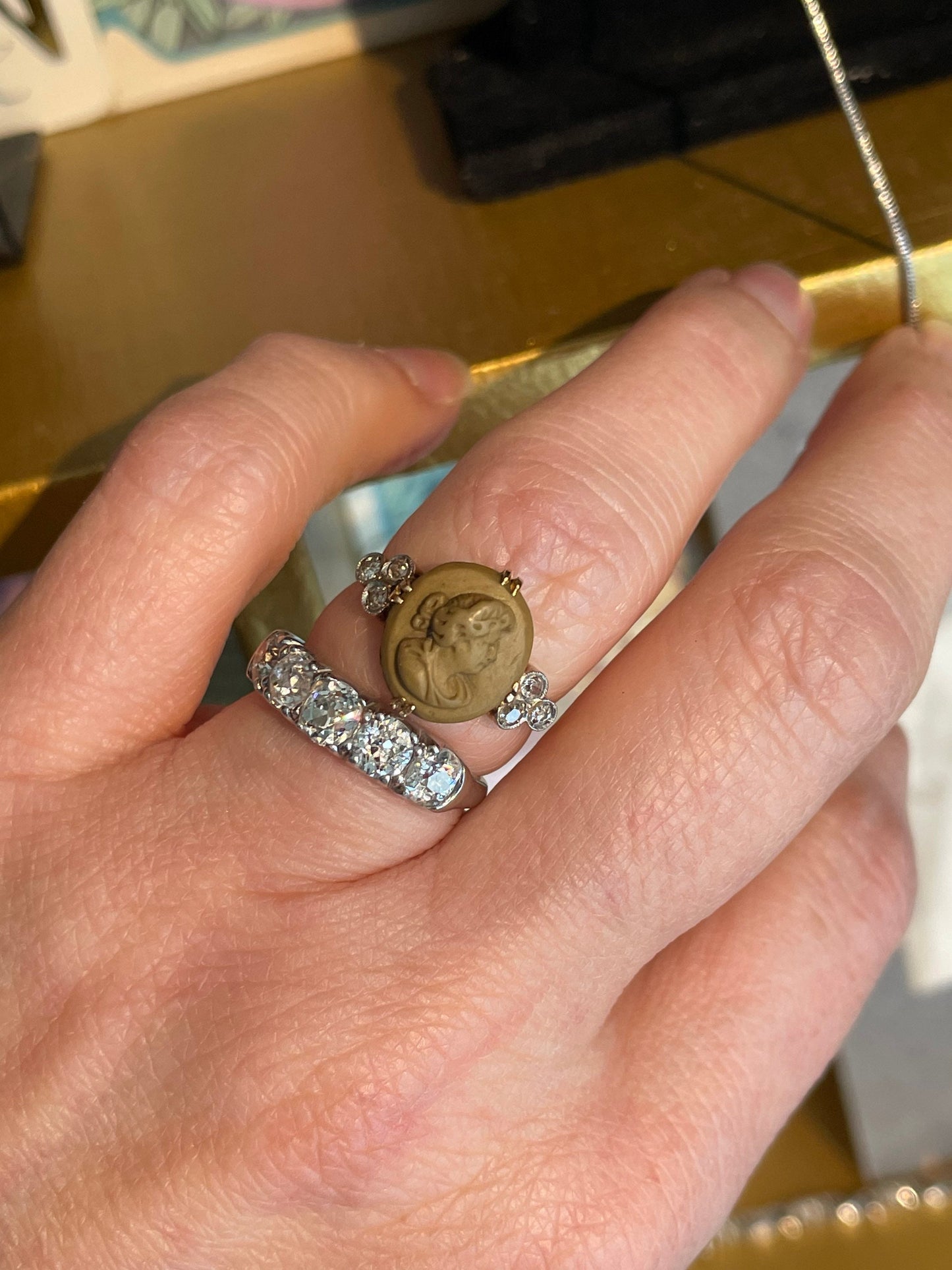 Late Victorian 14K Yellow Gold Lava Cameo with Diamonds