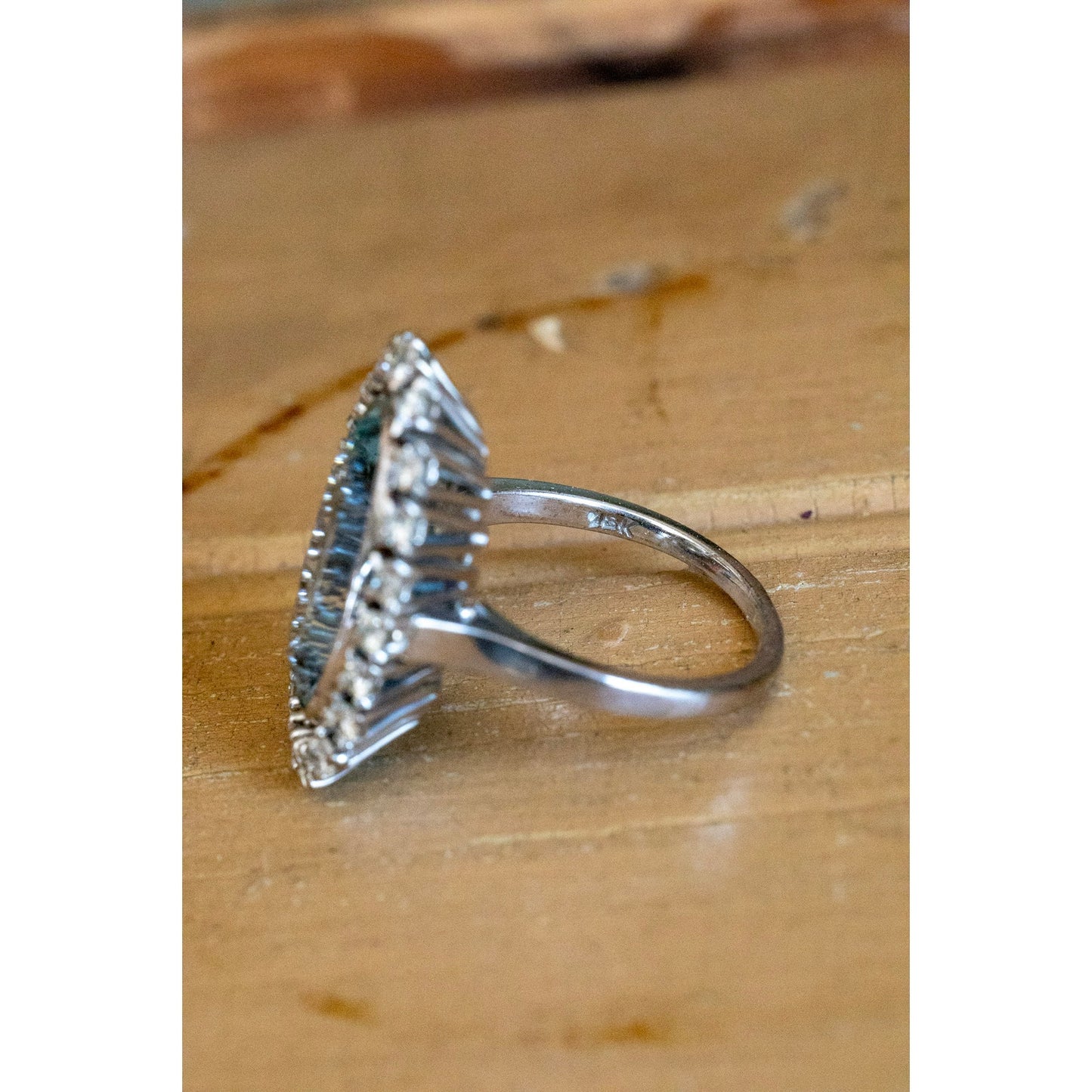 Vintage 1950's 18K White Gold Mid-Century Oval Cut Aquamarine and Natural Diamond Halo Ring