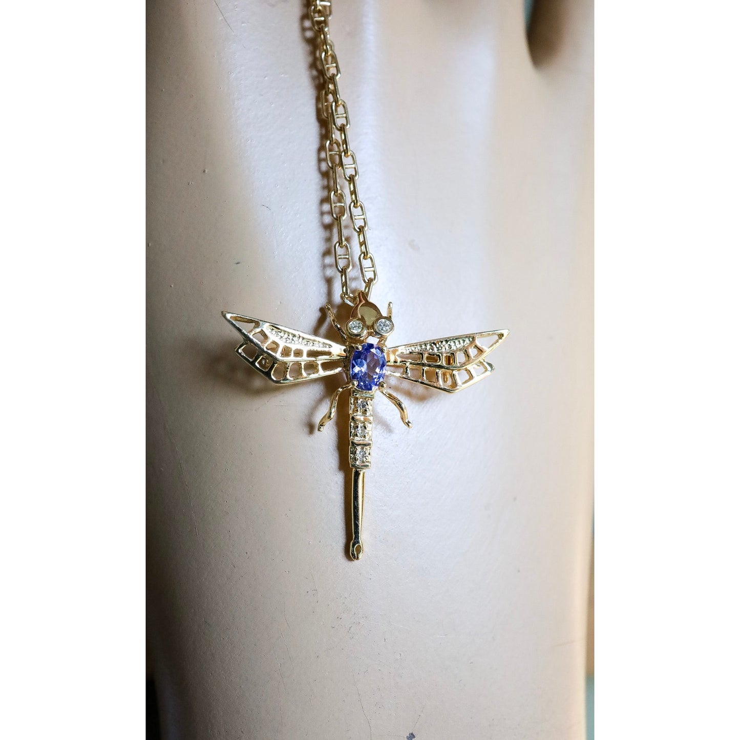 A 14K Yellow Gold Tanzanite and Diamond Dragonfly Brooch Pendant