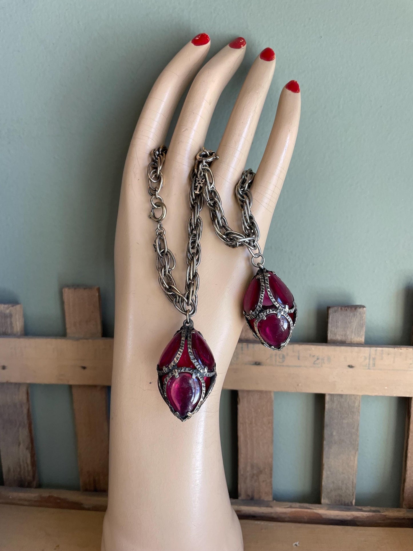 Vintage Trifari Cranberry Glass Dangle Bracelets, Renaissance Collection