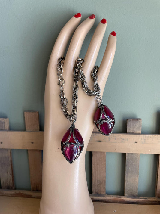 Vintage Trifari Cranberry Glass Dangle Bracelets, Renaissance Collection