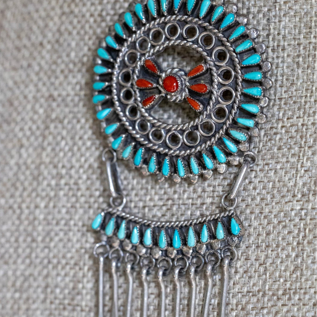Native American Zuni New Mexico Coral Turquoise Sterling Brooch Pendant