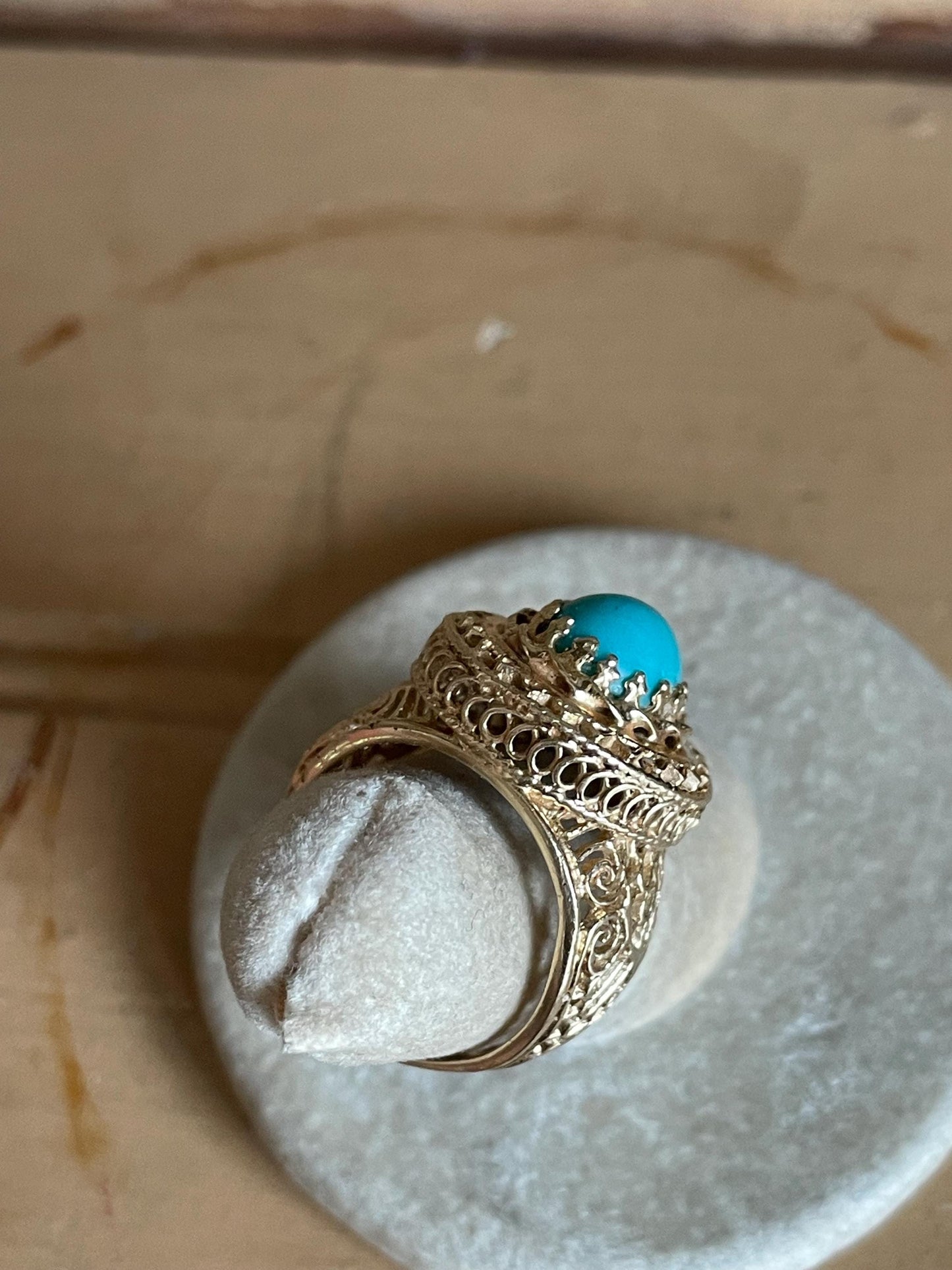 14K Yellow Gold Large Filigree Imitation Turquoise Ring