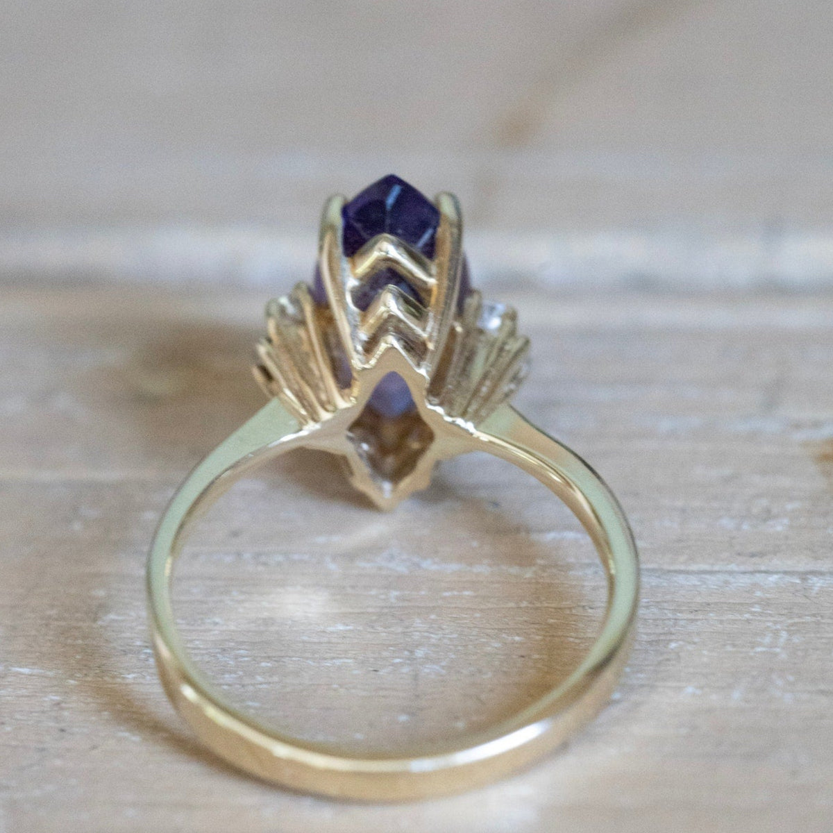 c1980 14K Yellow Gold Ring with Marquis Cut Amethyst and Diamonds