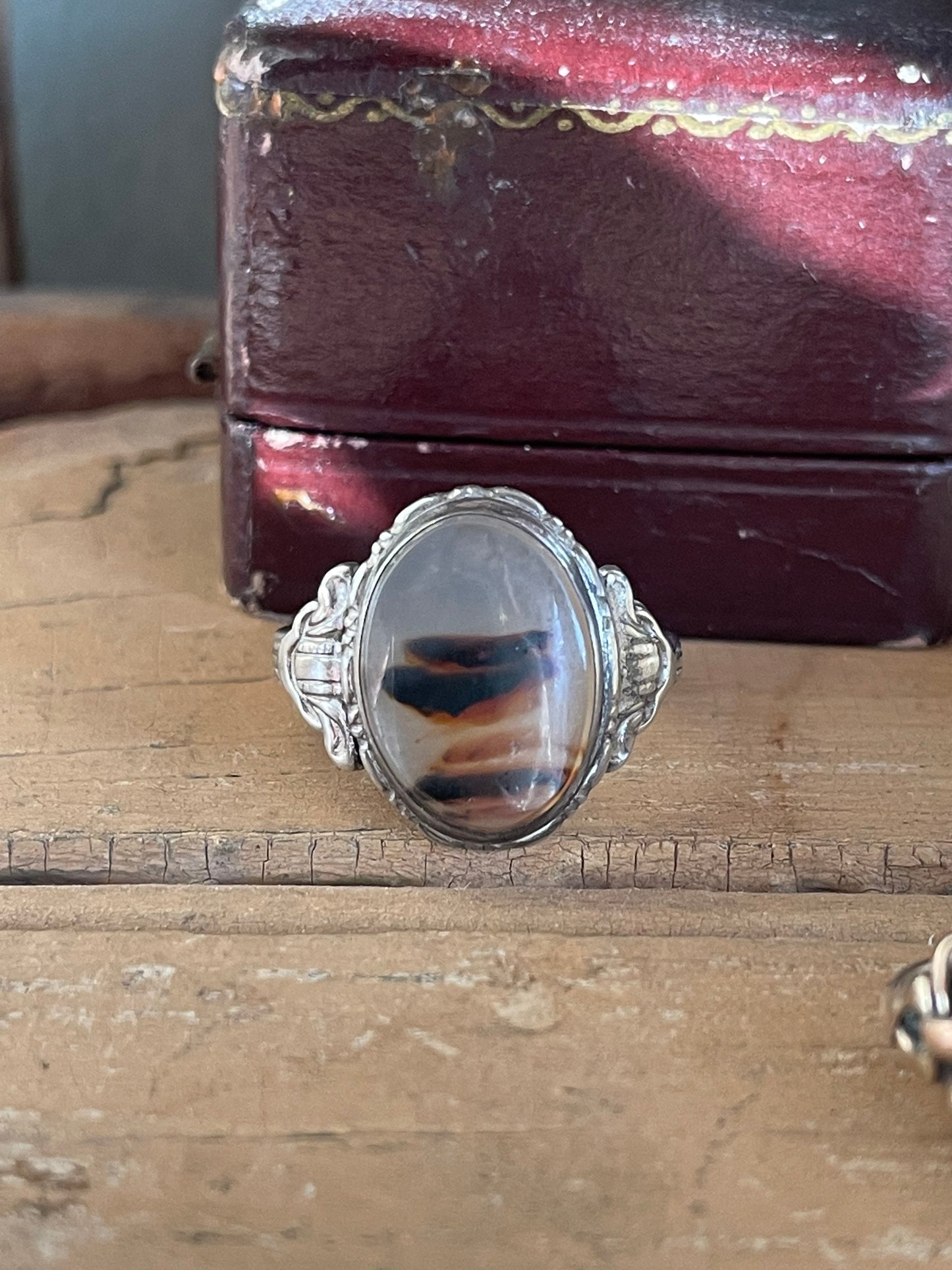 c1920 Early Art Deco Sterling Silver Ring with Oval Agate