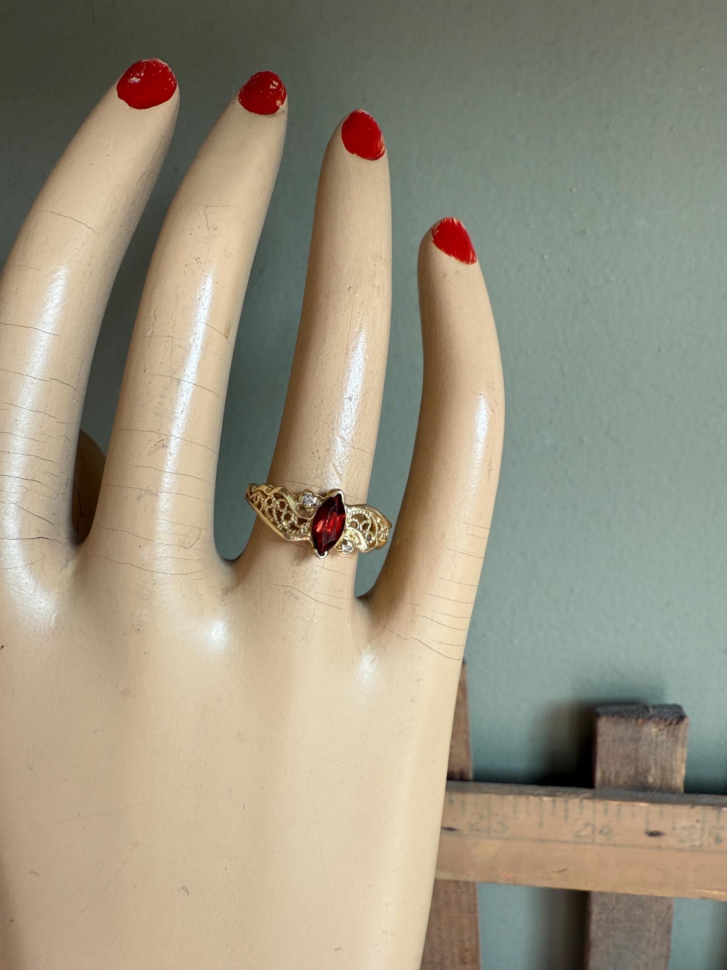 14K Beverly Hills Yellow Gold Marquis Garnet and Diamond Ring