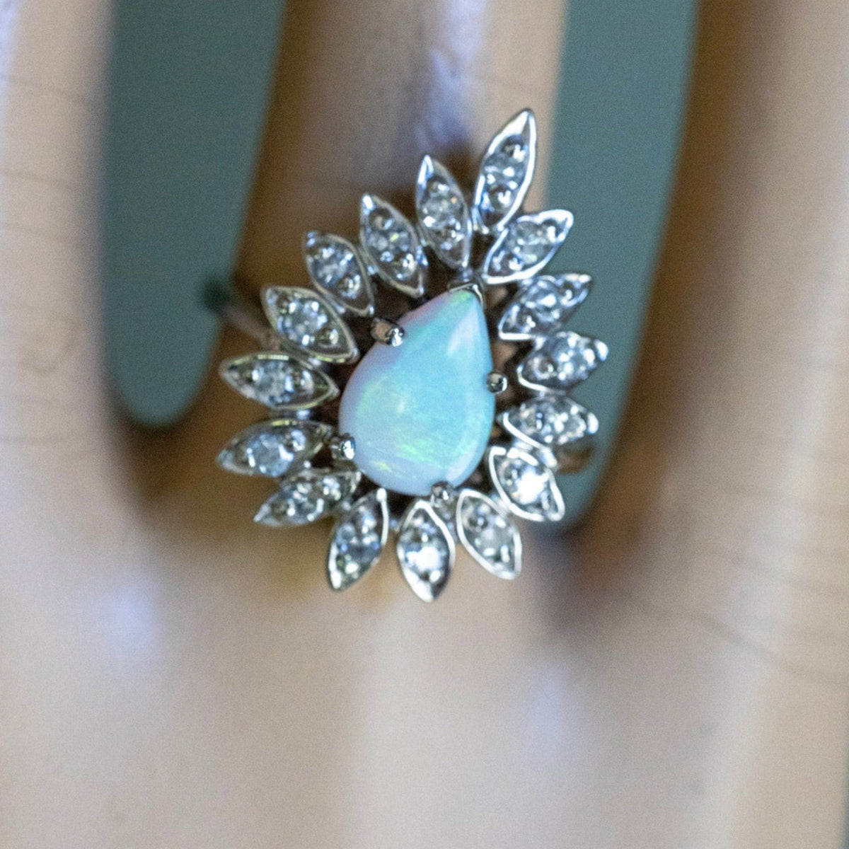 1960'S 14K White Gold Bold Opal and Diamond Cocktail Ring