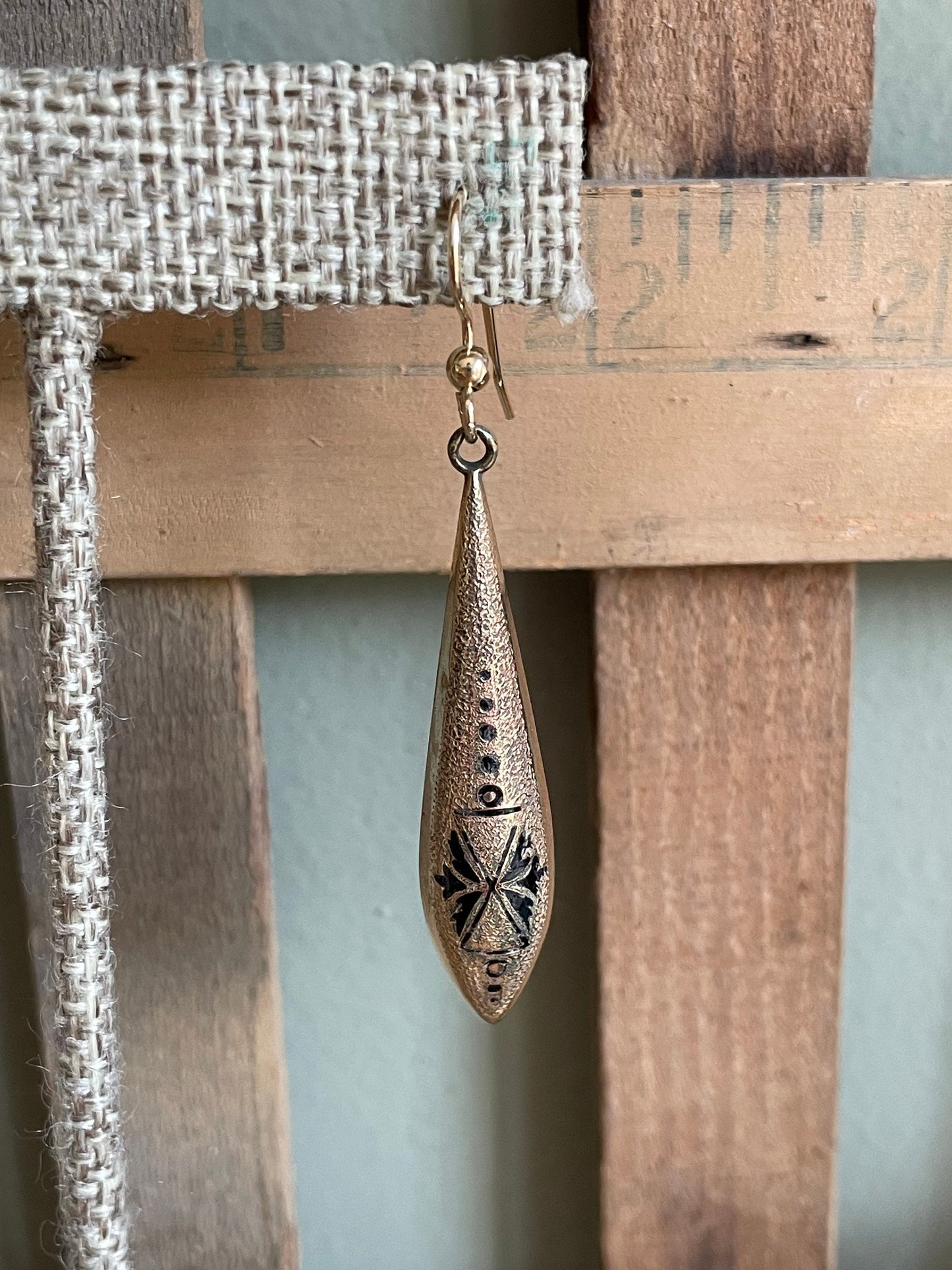 c1880 Victorian Gold Filled Black Tracery Enamel Torpedo Earrings