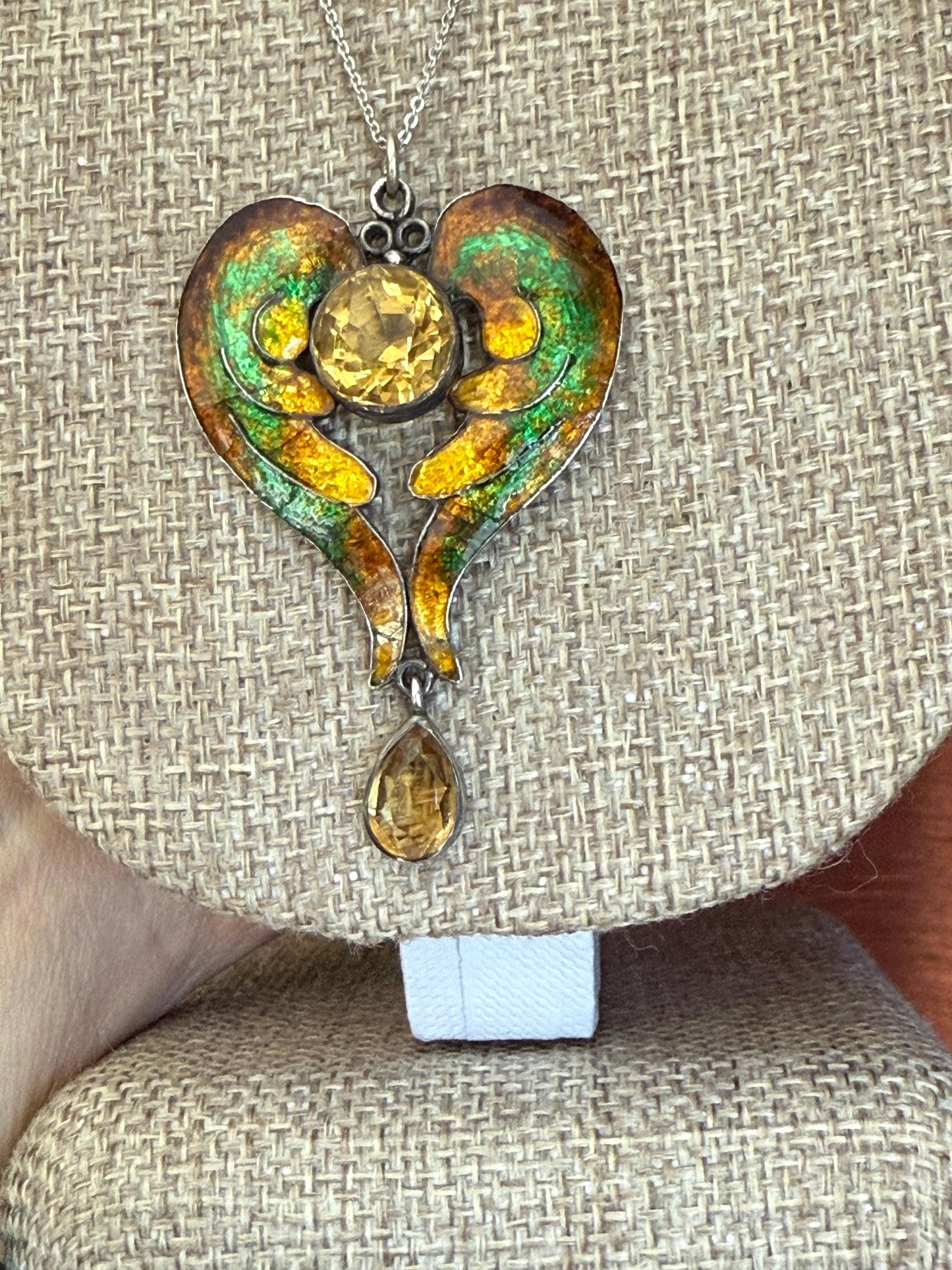 An Antique Arts and Crafts Handmade Silver Enamel Wings Citrine Pendant