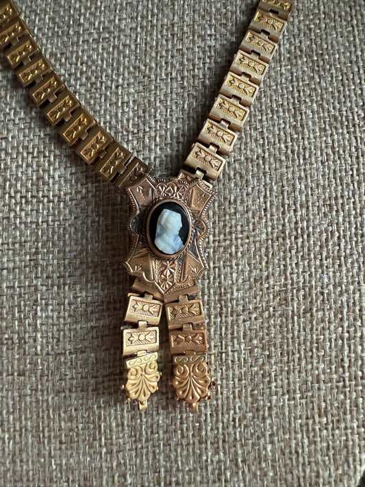 Victorian 1880's Gold Filled Book Chain Cameo Necklace