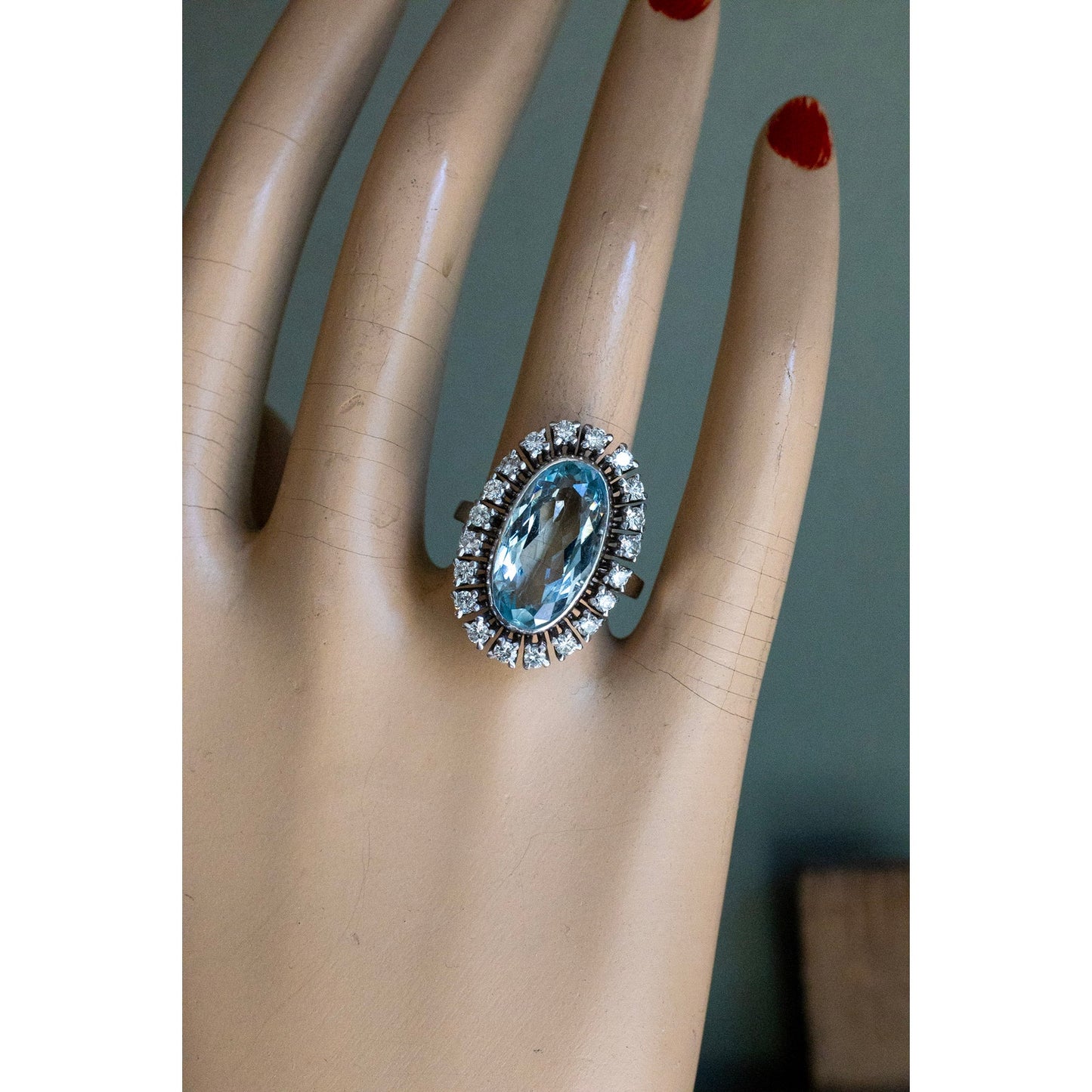 Vintage 1950's 18K White Gold Mid-Century Oval Cut Aquamarine and Natural Diamond Halo Ring