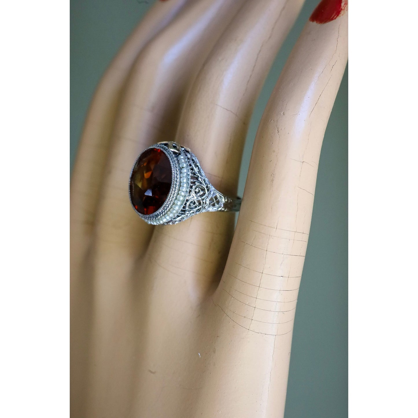 14K White Gold Authentic Art Deco Citrine Ring with Seed Pearl Halo
