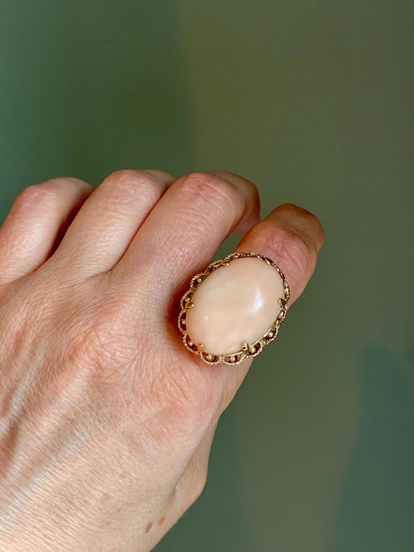 1960's Angel Skin Coral 14K Yellow Gold Cocktail Ring