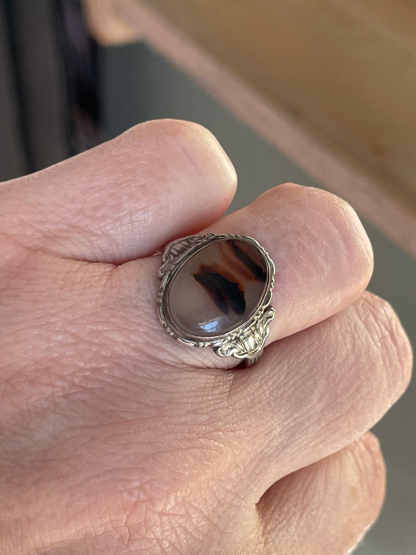 c1920 Early Art Deco Sterling Silver Ring with Oval Agate