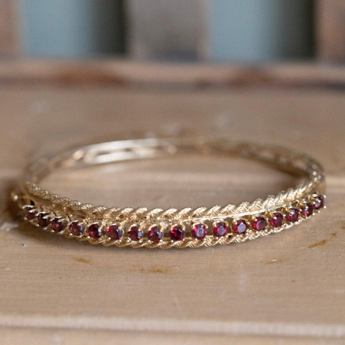 1960-1970 Vintage 14K Yellow Gold Garnet Bangle with Engraving