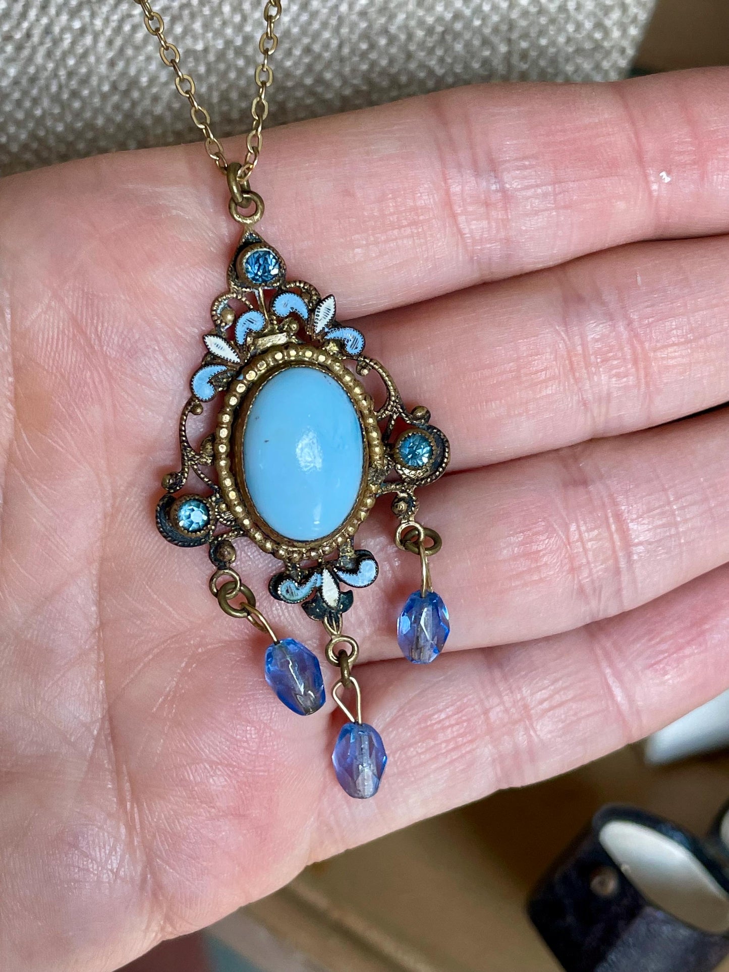 Edwardian Czechoslovakia Robins Egg Blue Enamel Pendant on Chain
