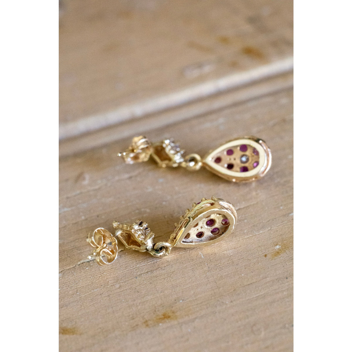 C1980 Vintage 14K Natural Ruby and Diamond Drop Earrings
