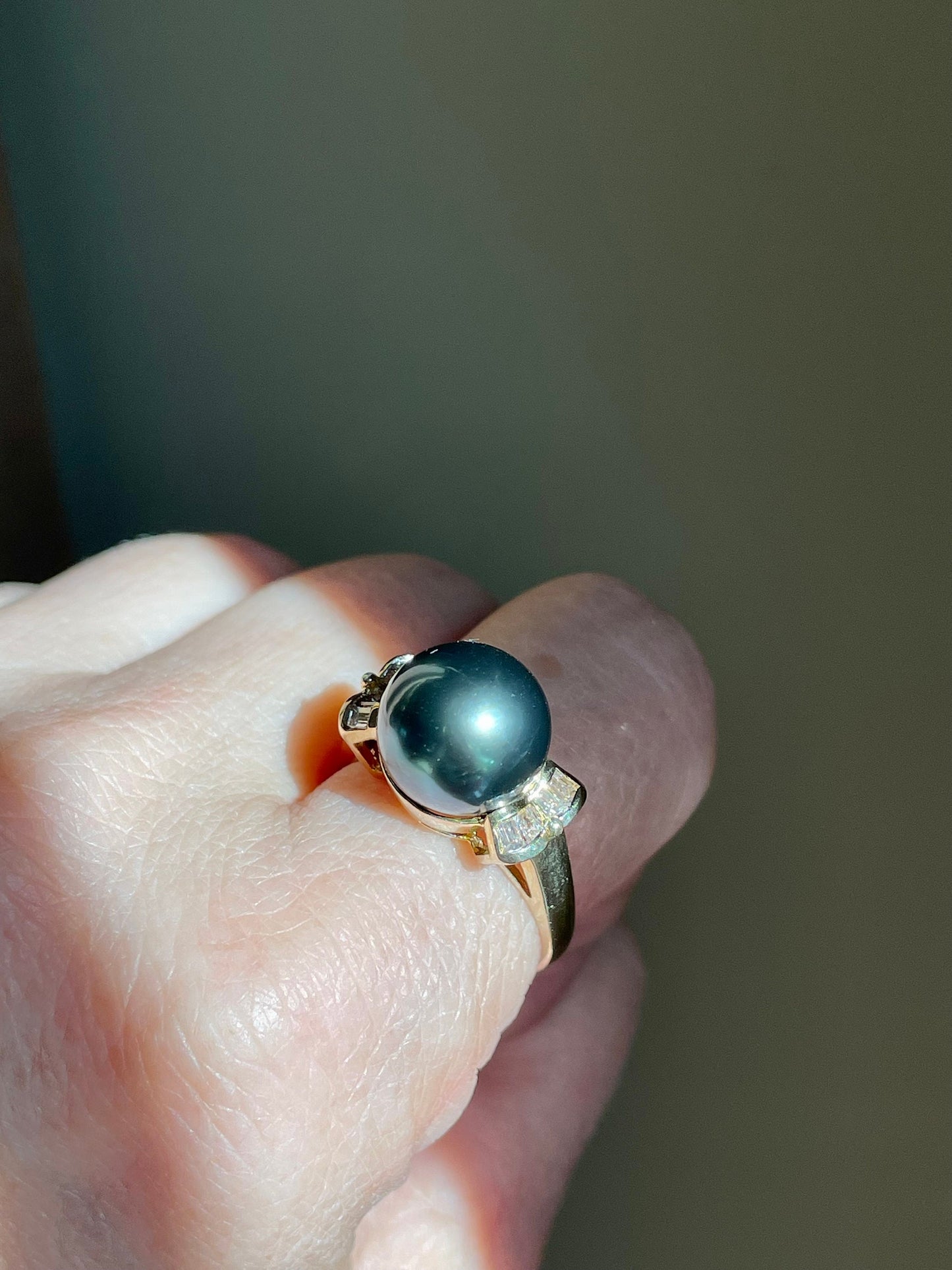 14K Yellow Gold 11mm Tahitian Pearl & Baguette Cut Diamond Ring