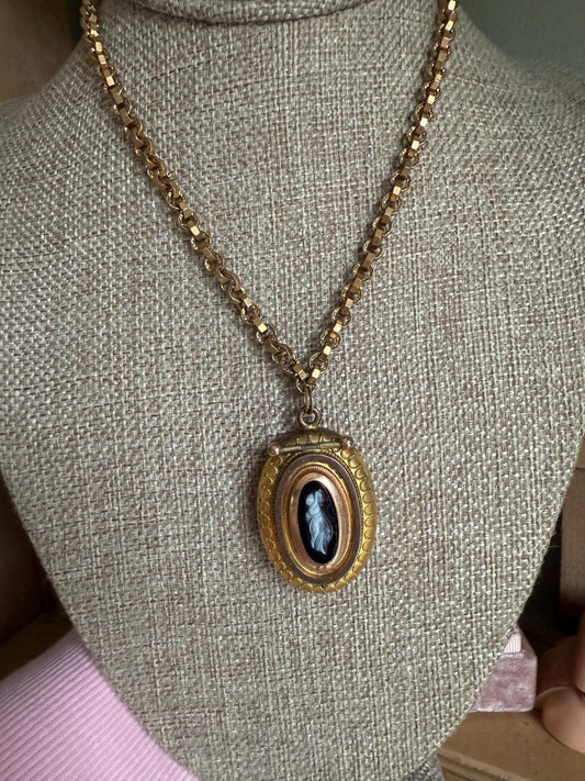 c1880 Antique Victorian Carved Banded Agate Cameo Locket on Chain