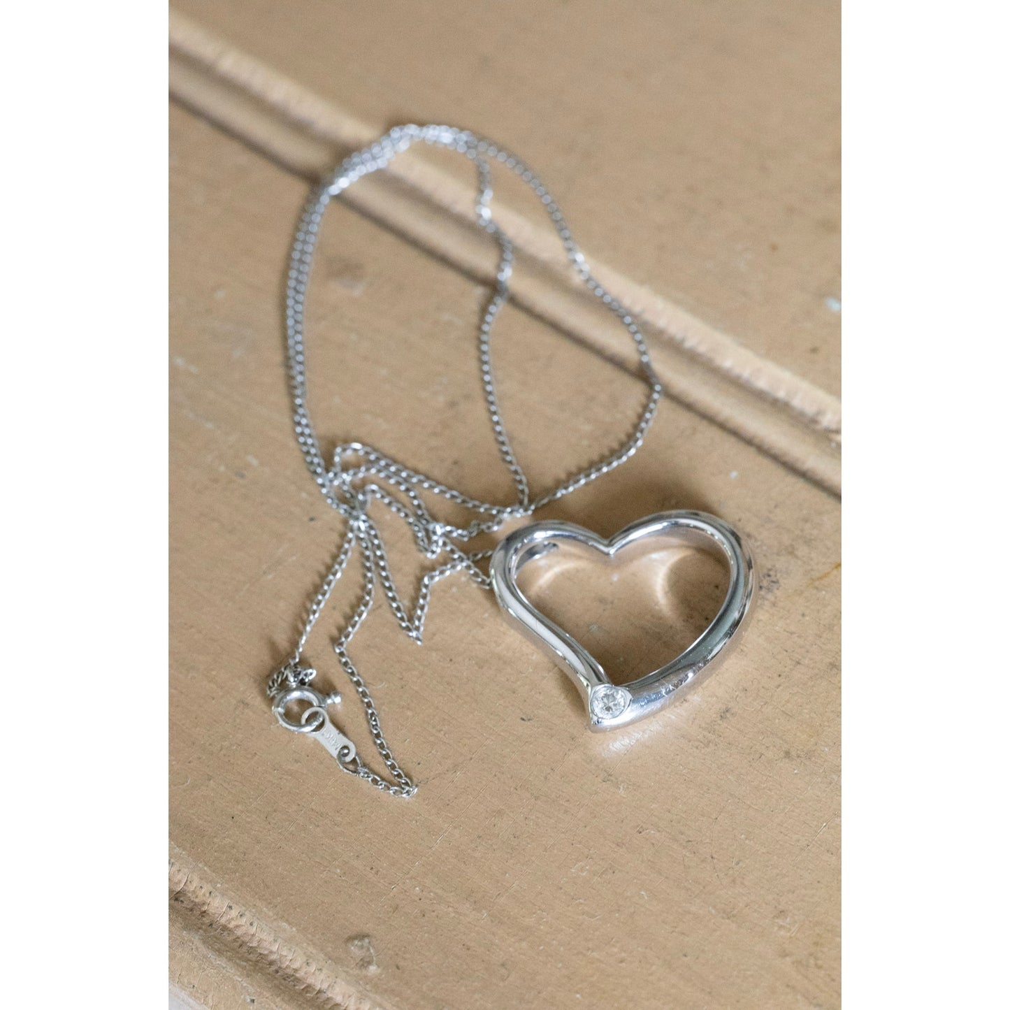 14K White Gold Open Heart Pendant with Natural Round Brilliant Cut Diamond on 14K Gold Chain