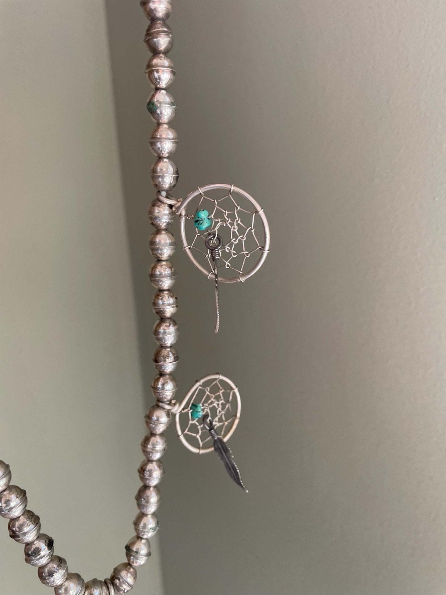 A Vintage Navajo Sterling Silver Handmade Dream Catcher Turquoise Nugget Necklace