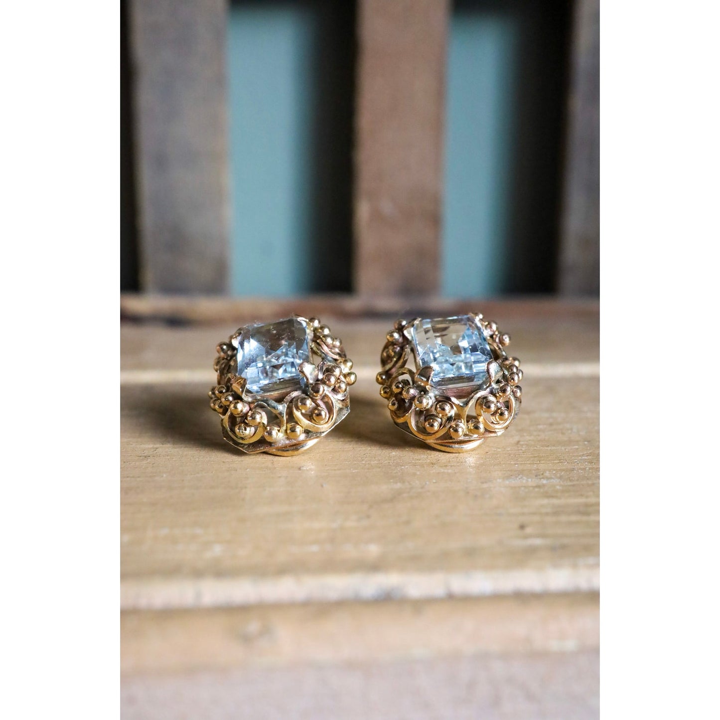Vintage Solid 14K Yellow Gold Emerald Cut Aquamarine Earrings