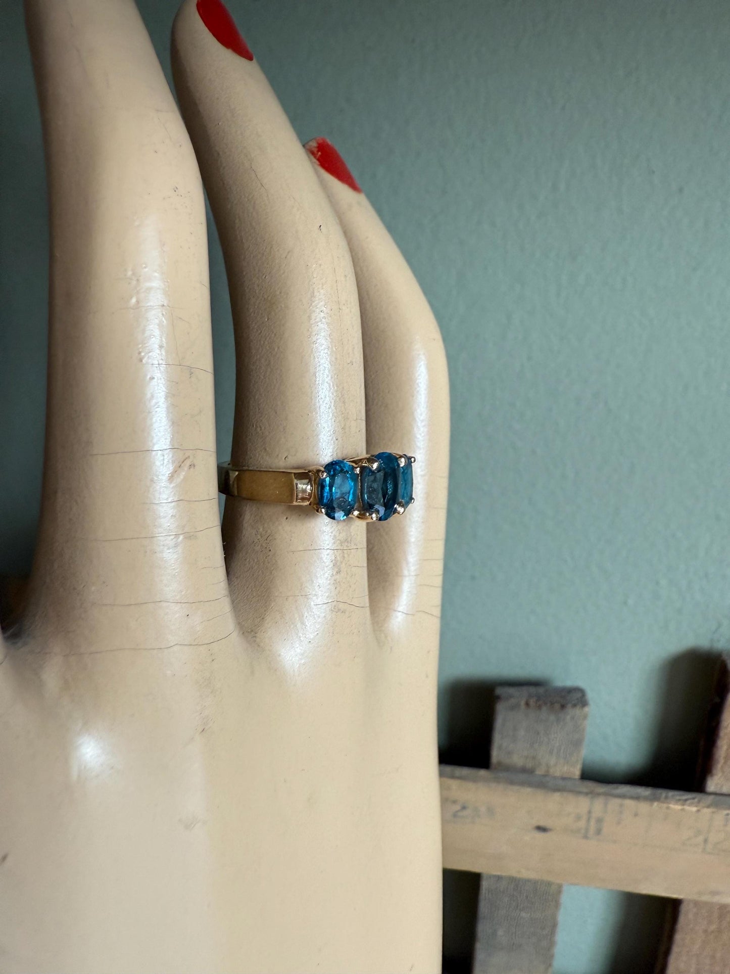 14K Yellow Gold Three Oval Cut London Blue Topaz Ring