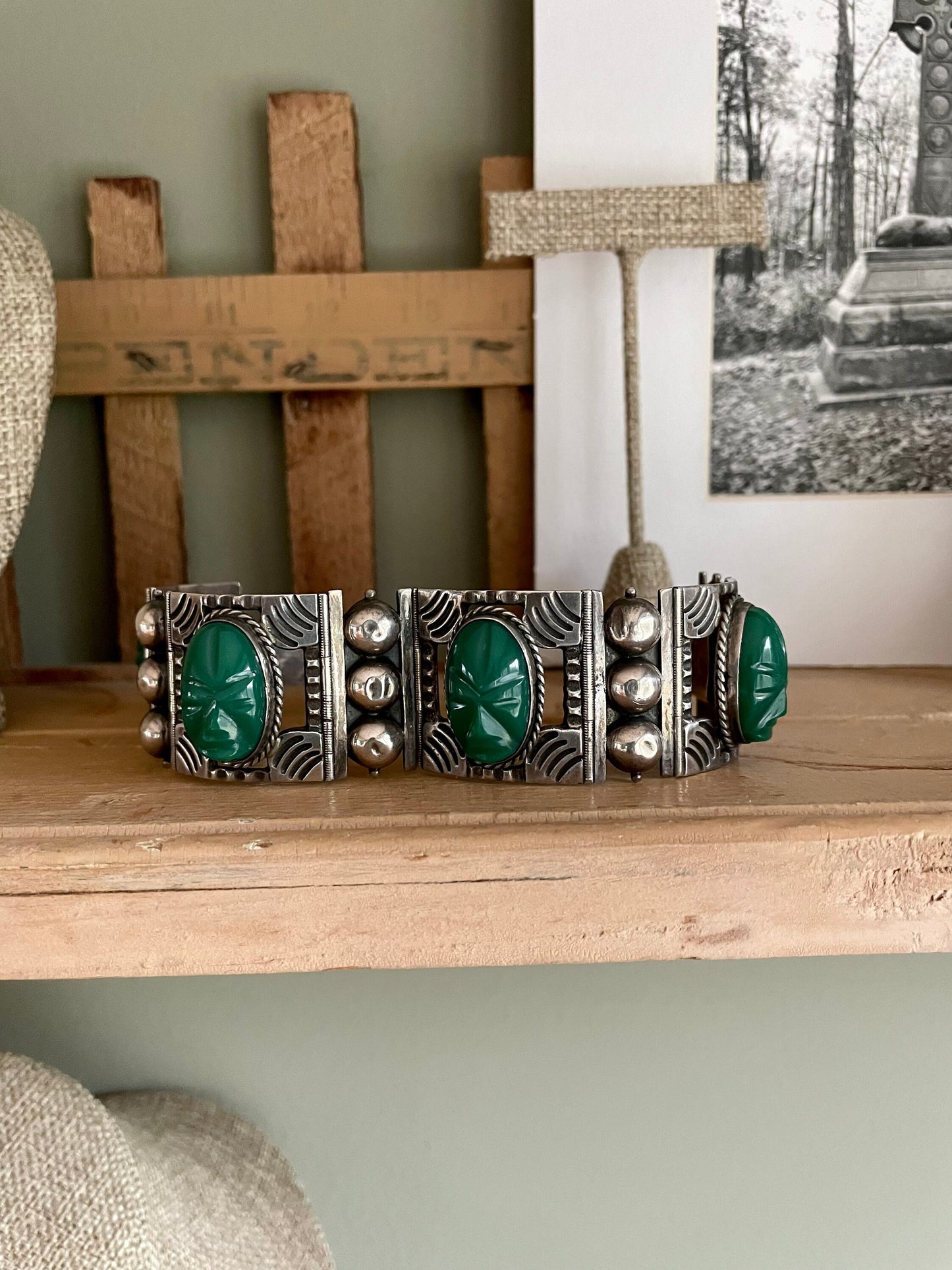 Sterling Silver Mexican Green Onyx Bold Wide Bracelet