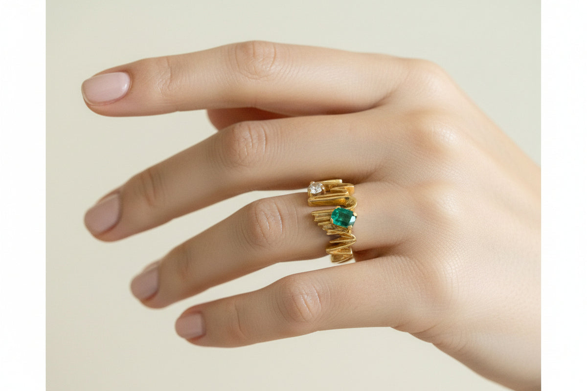1960's Vintage 18K Columbia Handmade Emerald and Diamond Ring