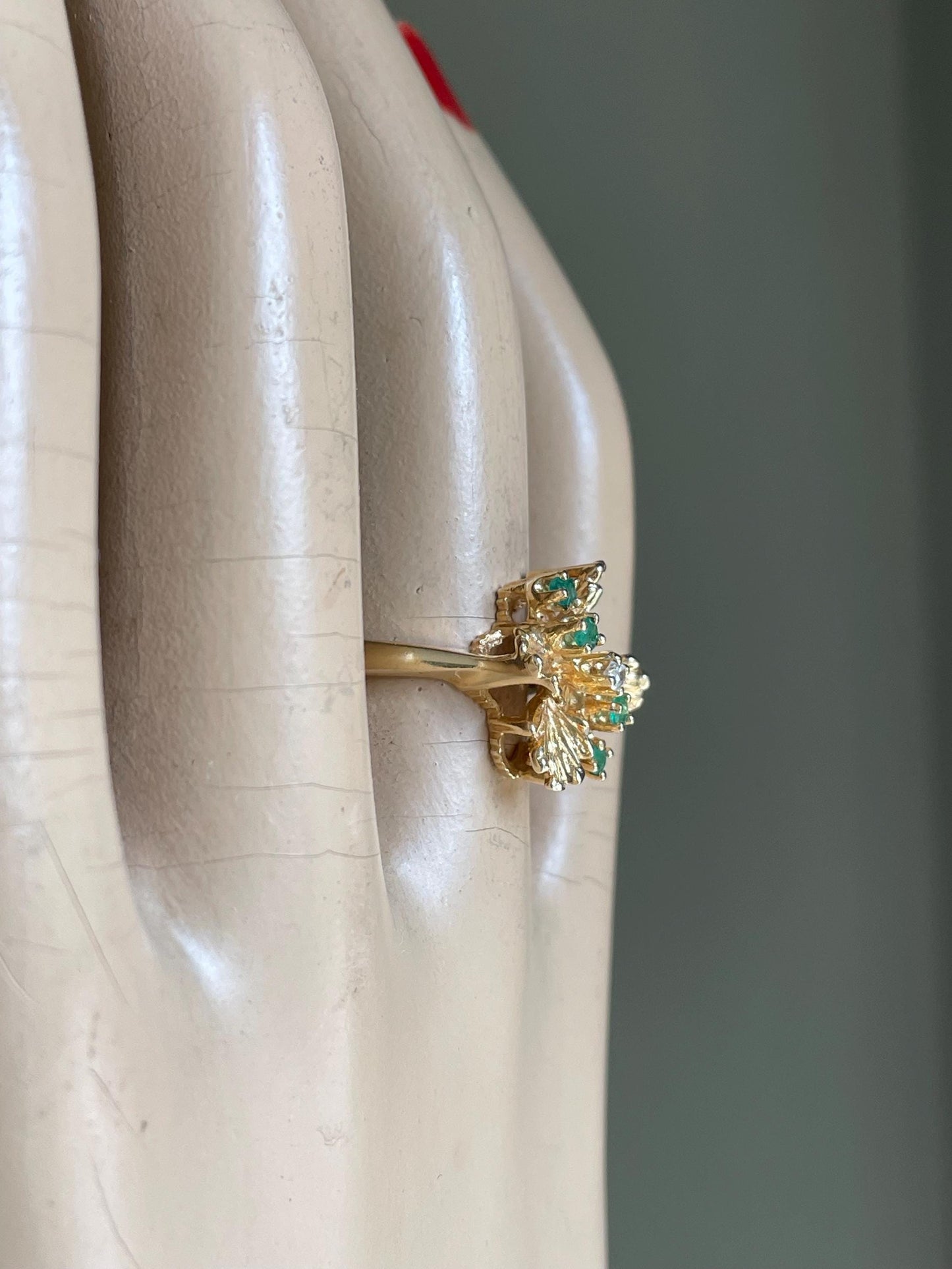 1980's 14K Vintage Textured Flower Emerald and Diamond Ring
