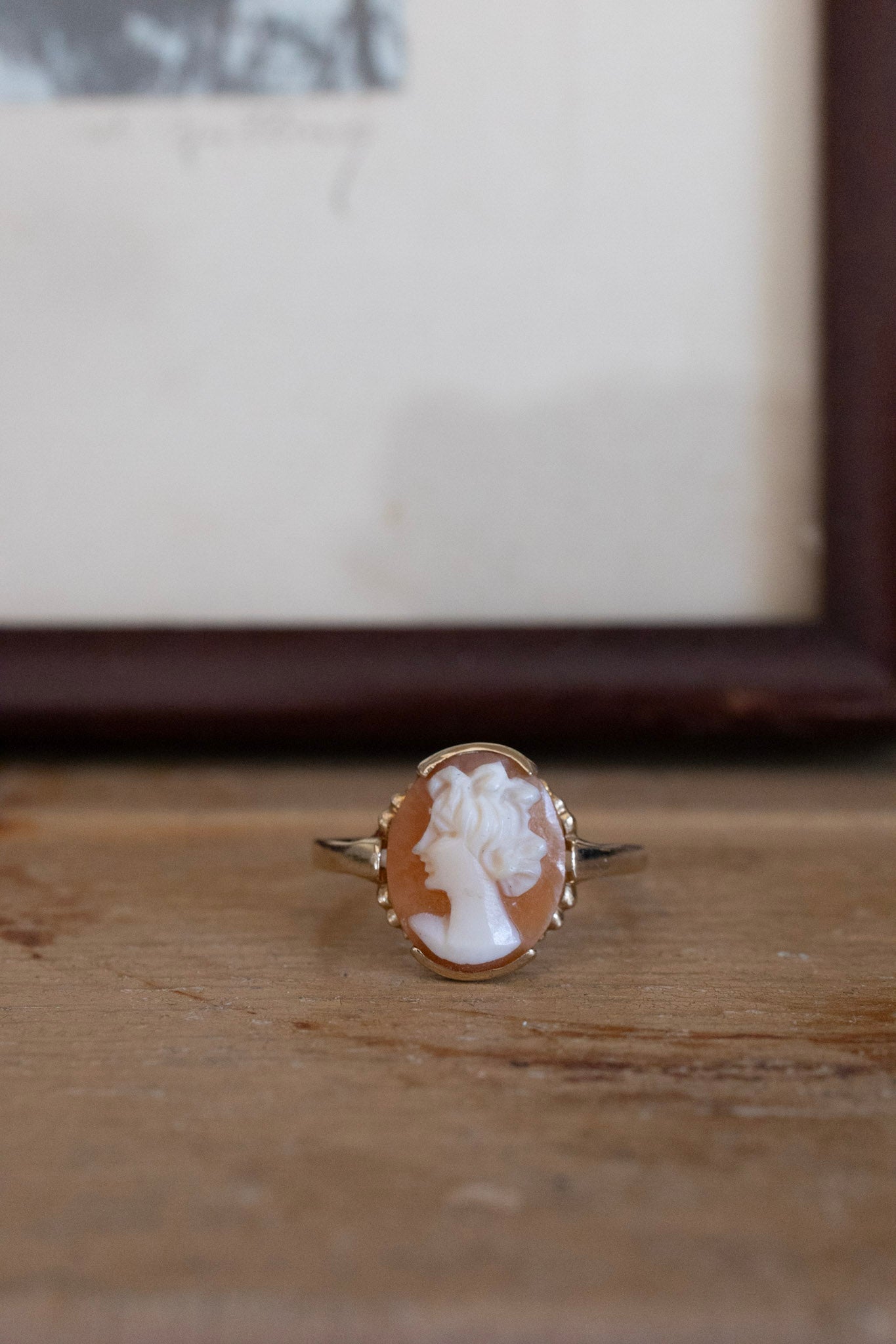14K Yellow Gold Mid-Century Hand Carved Shell Cameo Ring