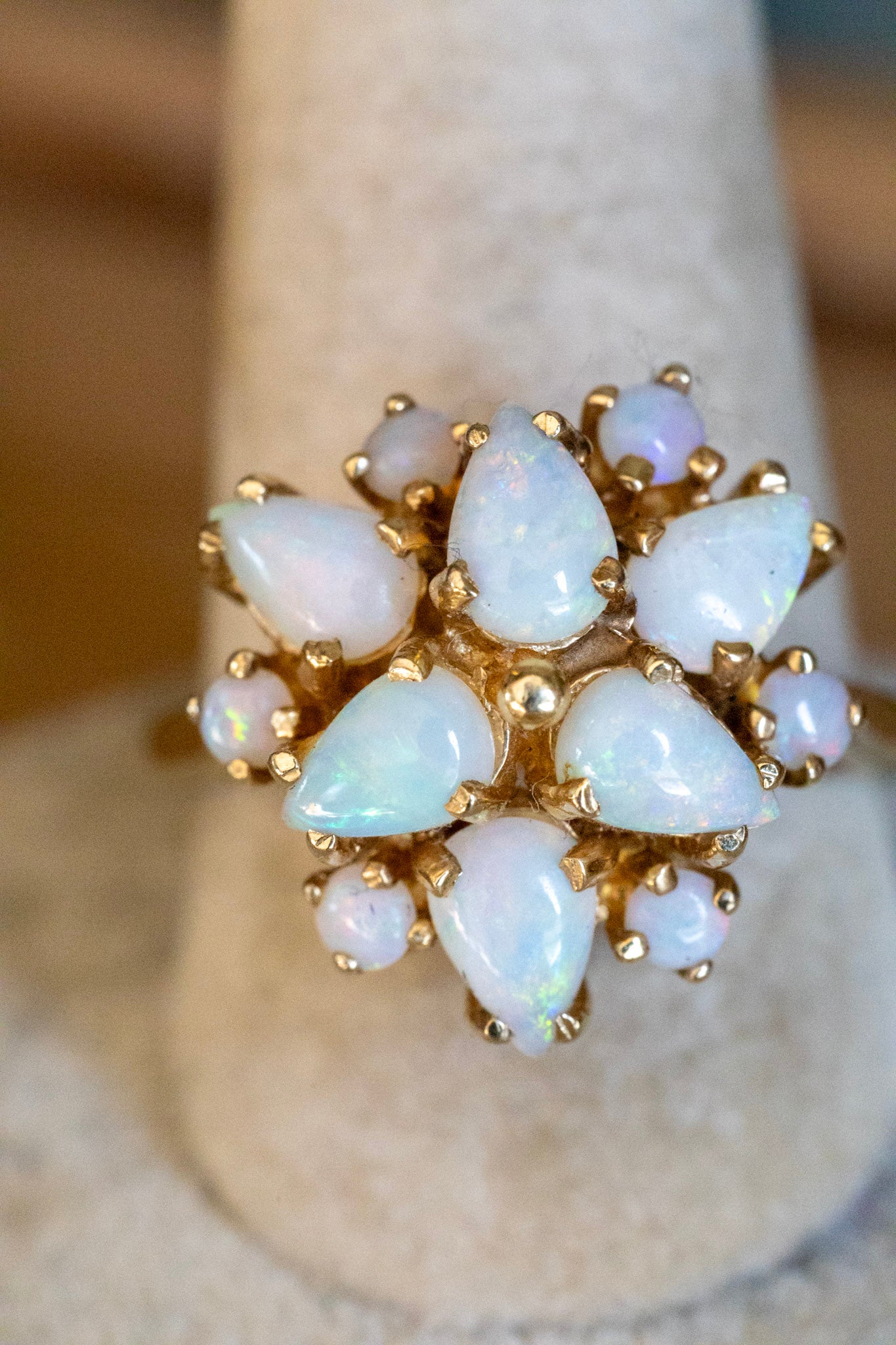 c1970 Vintage 14K Yellow Gold Round and Pear Shaped Opal Statement Ring