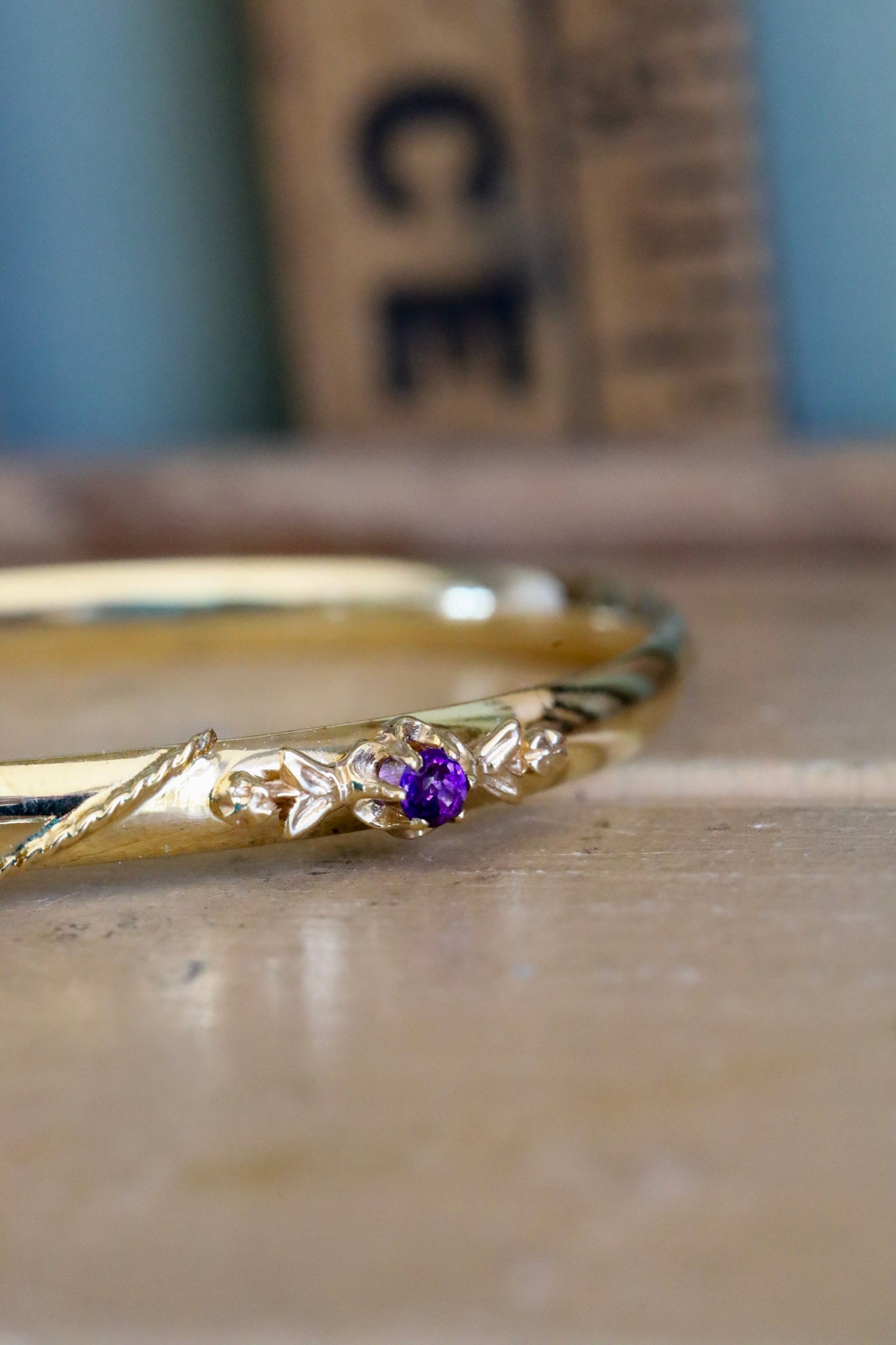 14K Yellow Gold Victorian Revival Amethyst Bracelet Bangle