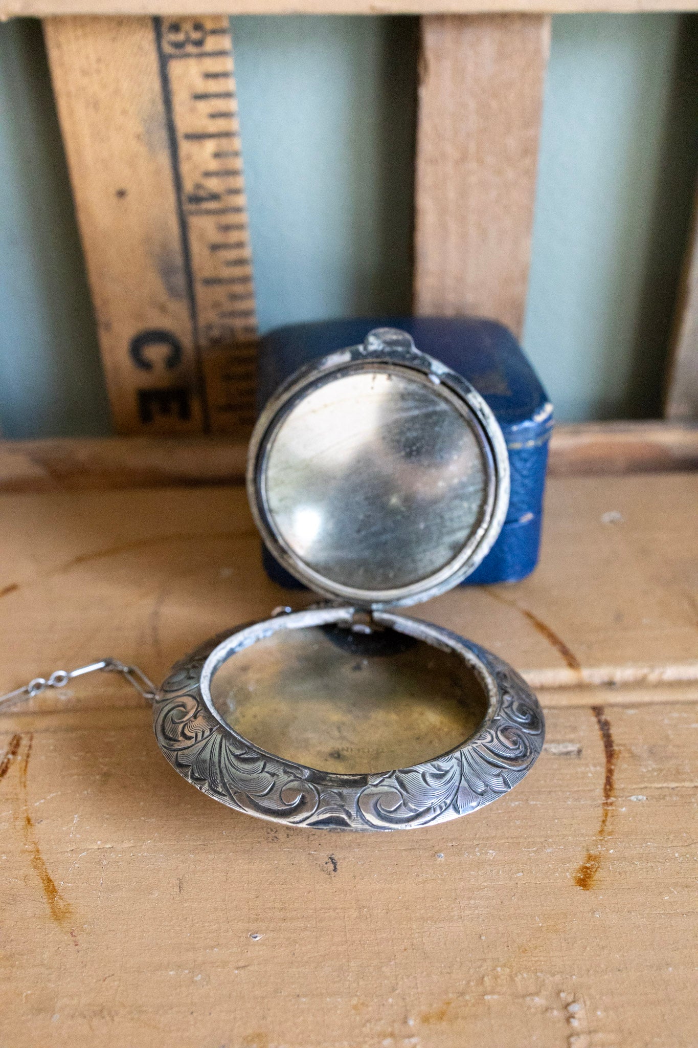 c1920 Art Deco Hand Engraved Round Locket Style Compact on Long Chain