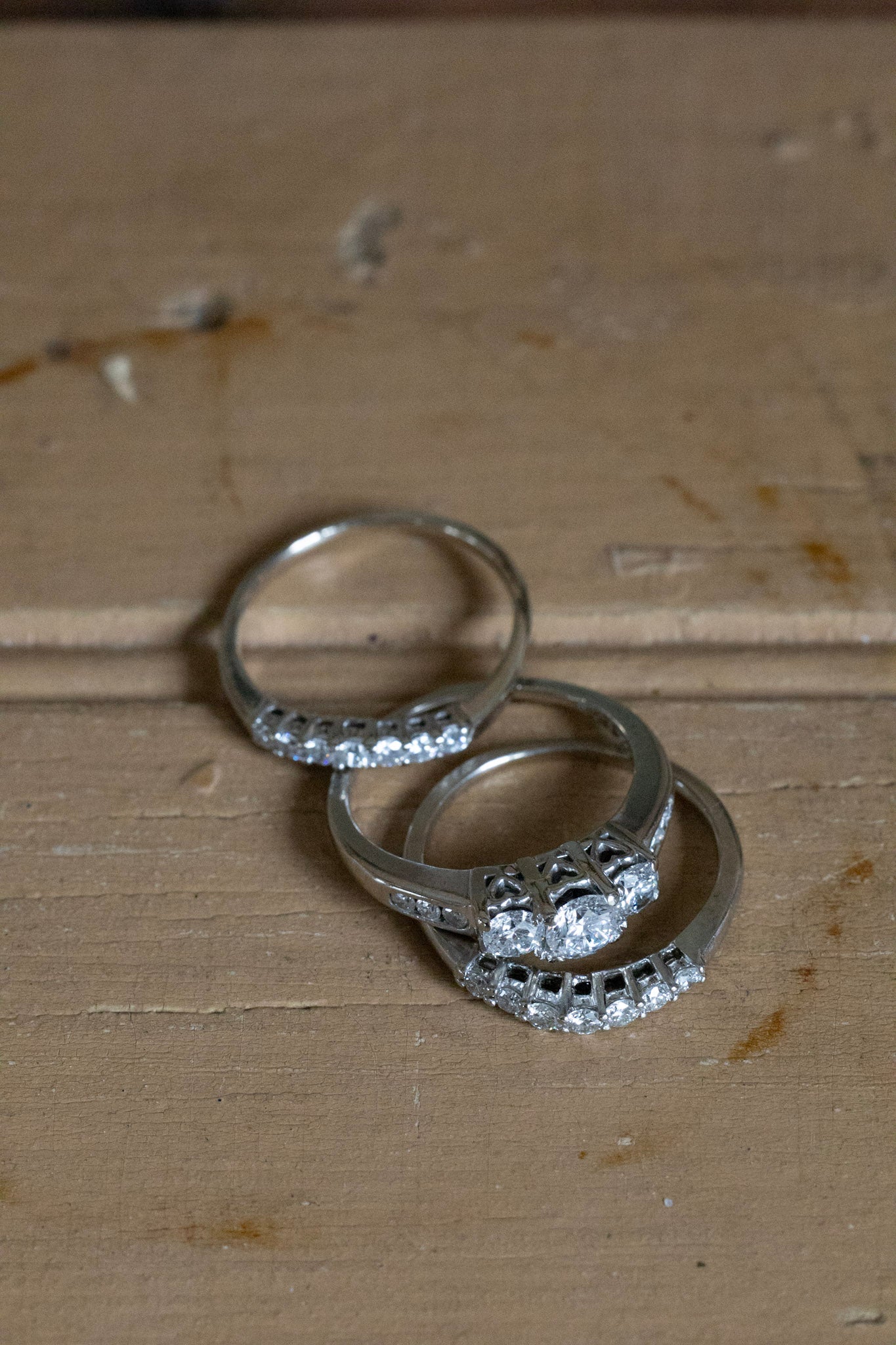 A 14K White Gold Past, Present, Future Natural Diamond Ring with Two Diamond Bands