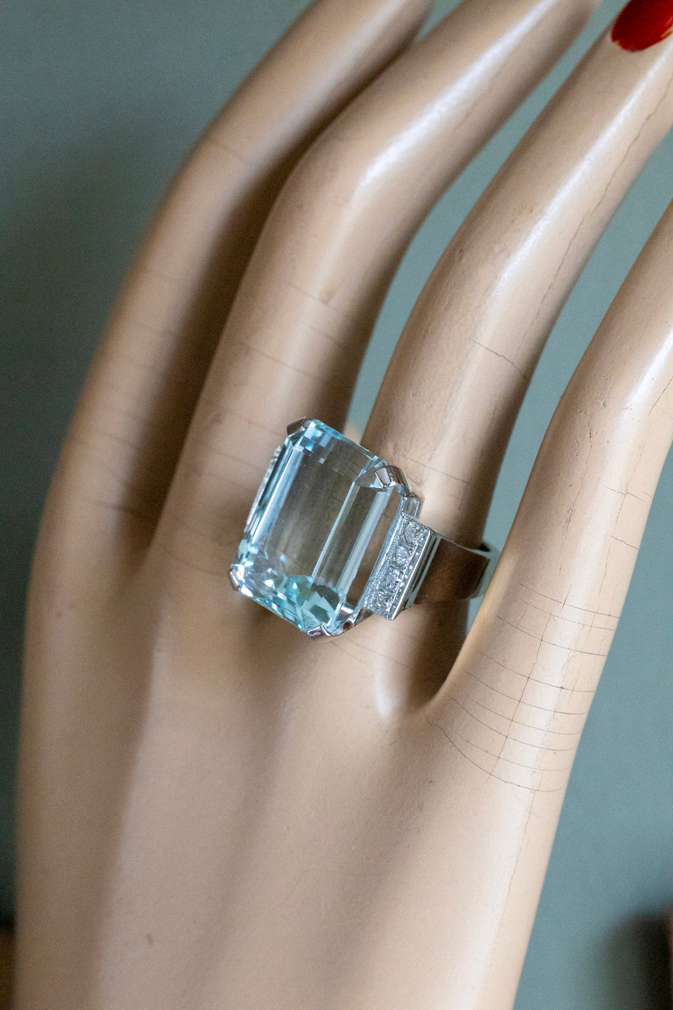 Mid Century Bold 14K White Gold 23 Ct Emerald Cut Aquamarine and Diamond Cocktail Ring