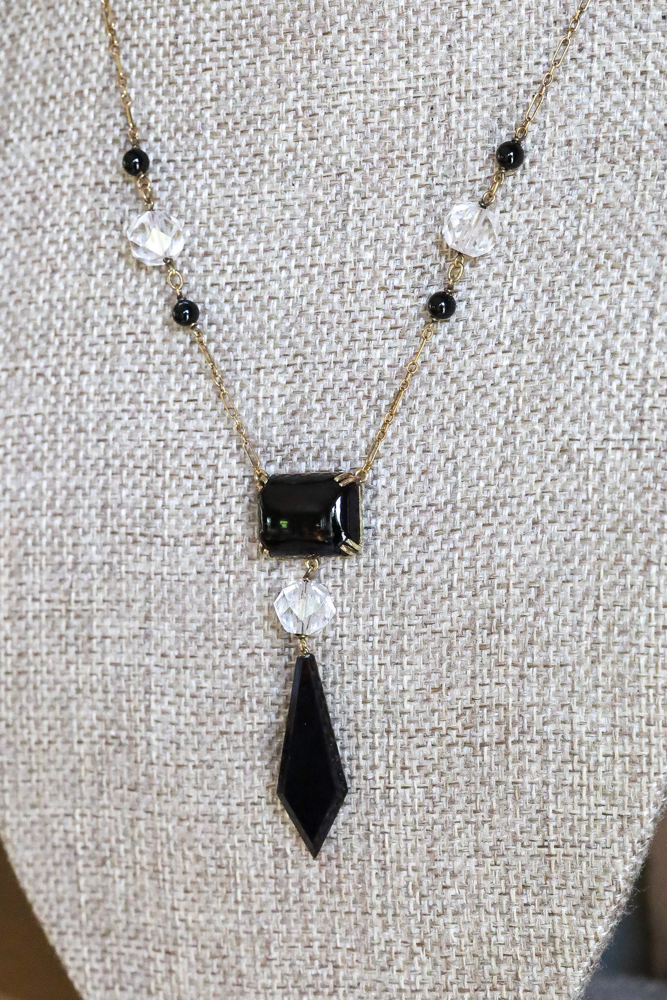 c1940 14K Yellow Gold Onyx and Crystal Necklace and Earrings