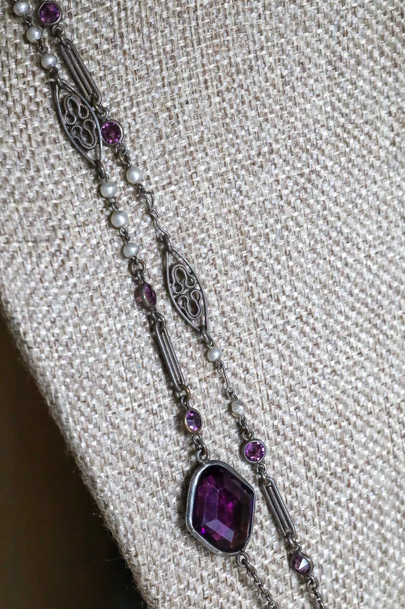 c1900 Antique Long Watch Chain with Glass Amethyst and Pearls