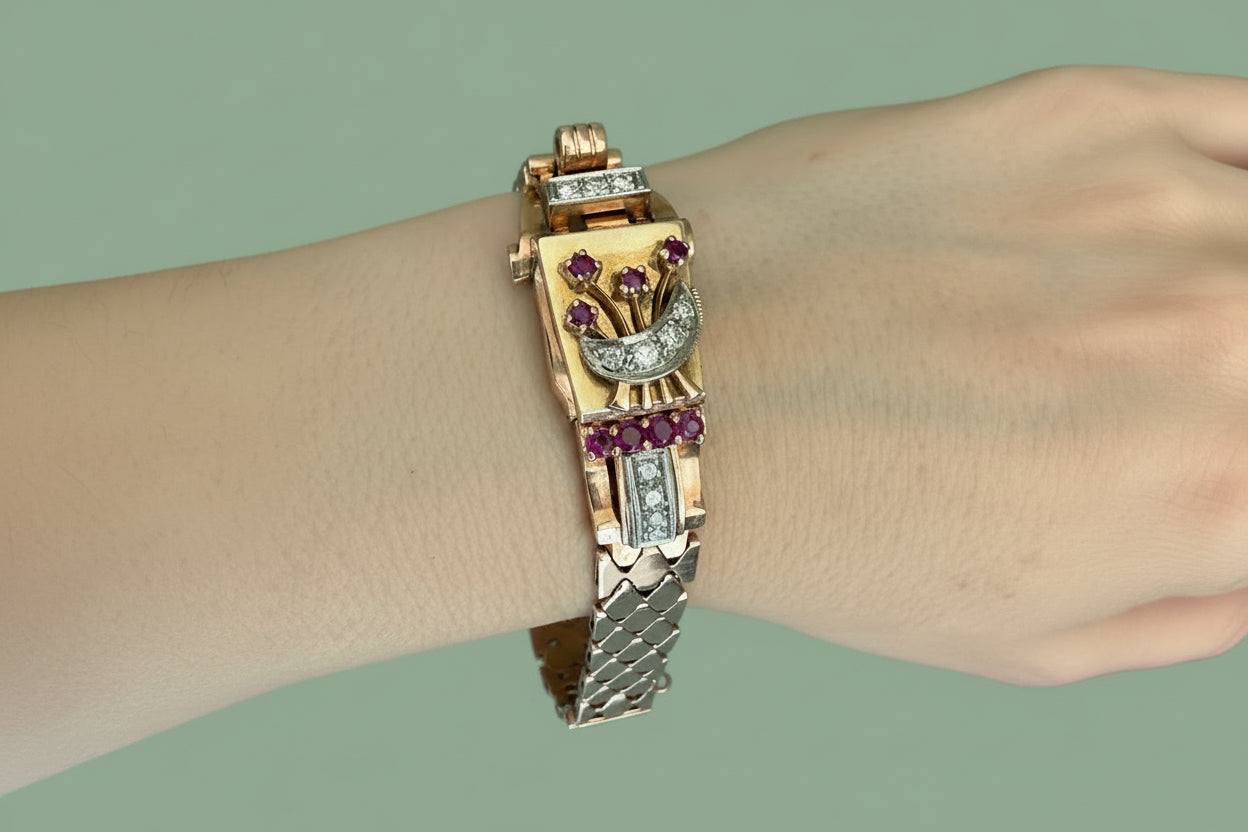 Vintage 1930’s 14K Rose, Green and White Gold Art Deco Ruby and Diamond Surprise Watch