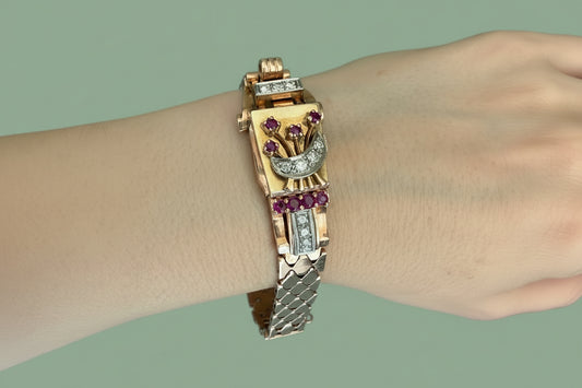 Vintage 1930’s 14K Rose, Green and White Gold Art Deco Ruby and Diamond Surprise Watch